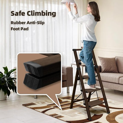 Hillhut Apex 3-Step Foldable Aluminum Step Ladder - Lightweight & Portable with Handgrip, 330lbs Capacity (Walnut)