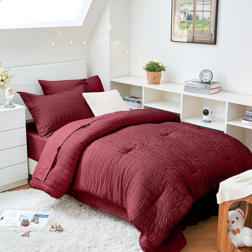 HYMOKEGE Burgundy Twin XL Comforter Set Seersucker 5 Pieces, All Season Luxury Bed in a Bag for Bedroom, Bedding Set with Comforter, Sheets, Pillowcase & Sham