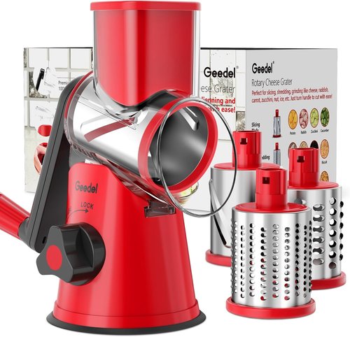 Geedel Rotary Cheese Grater - Versatile Kitchen Mandoline Slicer with 3 Blades | Easy to Clean for Fruits & Vegetables