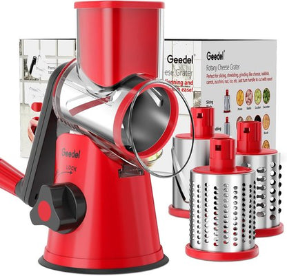 Geedel Rotary Cheese Grater - Versatile Kitchen Mandoline Slicer with 3 Blades | Easy to Clean for Fruits & Vegetables