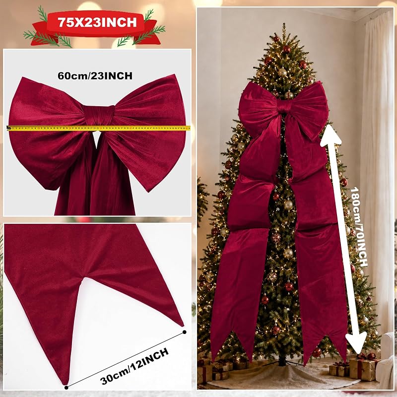 Dark Red 75x23 Inch Giant Velvet Christmas Bow - Plush 3D Ribbon