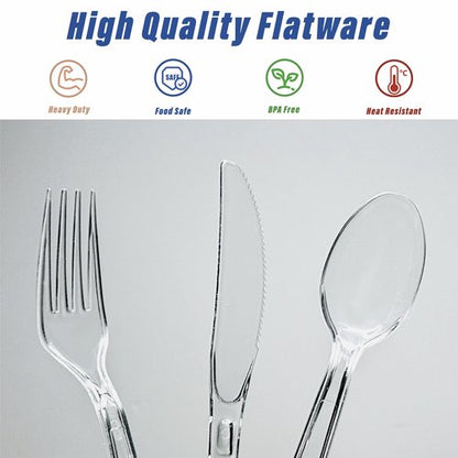 FYIN-HONG 360 Count Heavy Duty Plastic Silverware, Disposable Clear Plastic Utensils Set, 150 Forks, 150 Spoons, 60 Knives, BPA-Free, Heat Resistant; Cutlery Set for Party