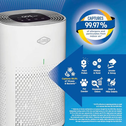 Clorox HEPA Air Purifier - True HEPA Filter for Medium Rooms Up to 1,000 Sq Ft | Removes 99.9% of Allergens