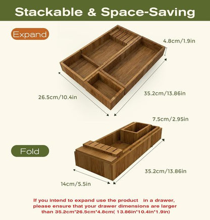 KOCWELL Bamboo Silverware Drawer Organizer - Multi-Use with Knife Block & 3 Removable Bins