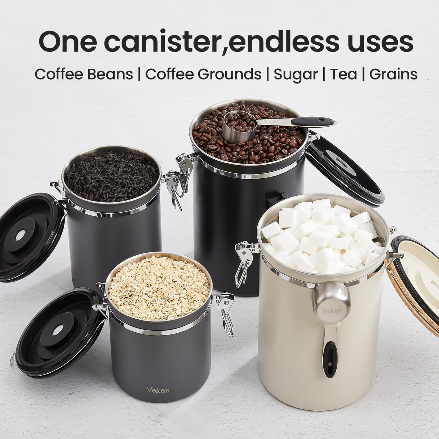Veken Coffee Canister - 39oz Airtight Stainless Steel Storage for 2.2lbs Coffee, Sugar, Tea & More | Gray
