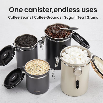 Veken Coffee Canister - 39oz Airtight Stainless Steel Storage for 2.2lbs Coffee, Sugar & Tea | Silver with Date Tracker & Scoop