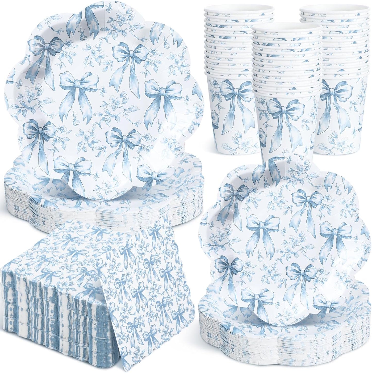 Newtay Disposable Tableware Set - 250 Pcs Blue Floral Plates, Napkins & Cups for 50 Guests | Perfect for Weddings & Bridal Showers