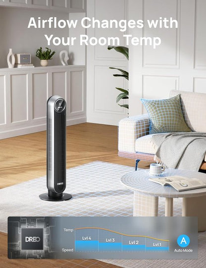 DREO Bladeless Tower Fan - Quiet 90° Oscillation, 4 Speeds & 8H Timer | Silver, Nomad One (DR-HTF007)