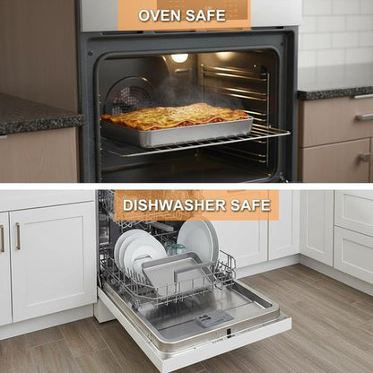 E-far Toaster Oven Baking Pan Set - Stainless Steel Rectangle Sheet Cake Pans with Lids | 10.4” x 8” x 2”