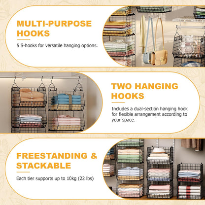 X-cosrack 7-Tier Foldable Hanging Closet Organizer - Wire Shelving with 4 Large Hooks & 5 S Hooks for Clothes & Handbags