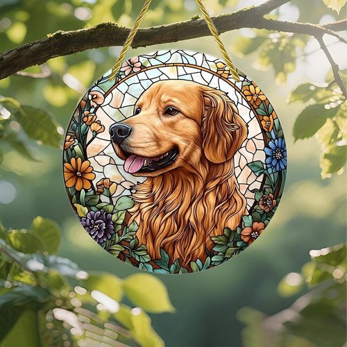 Golden Retriever Acrylic Suncatcher - 7-Inch Floral Stained Glass Window Art Decor | Perfect Gift & Garden Ornament
