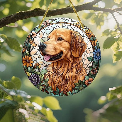 Golden Retriever Acrylic Suncatcher - 7-Inch Floral Stained Glass Window Art Decor | Perfect Gift & Garden Ornament