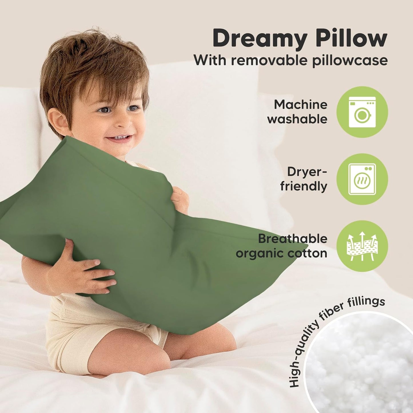 My Little Dreamy Toddler Pillow - Organic Cotton Travel Pillow with Case | Soft & Breathable 13x18" for Ages 2-5 (Jungle Green)