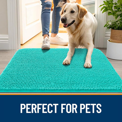 OLANLY Dog Door Mat - Absorbent Non-Slip Chenille Mat for Muddy Paws | 54x32, Quick Dry, Teal