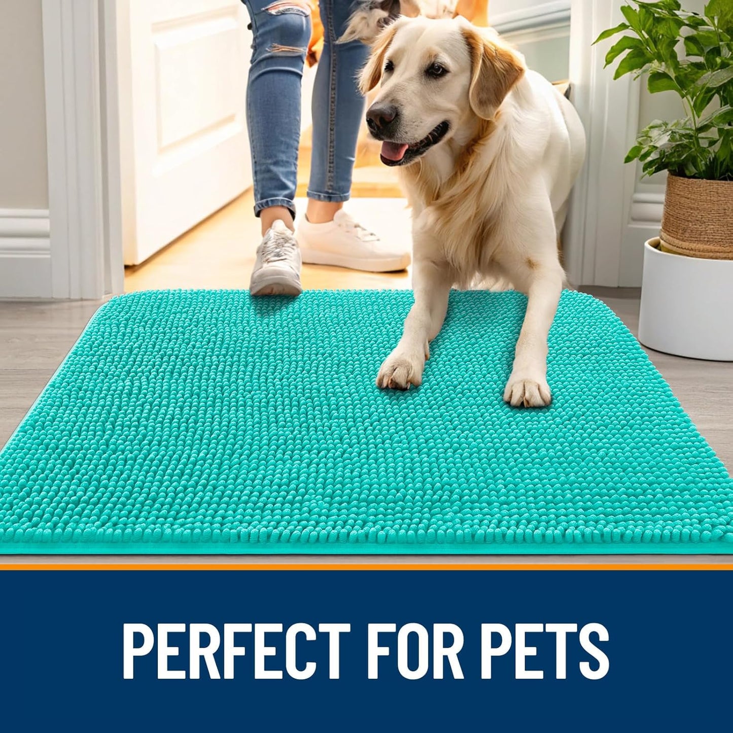 OLANLY Dog Door Mat - Absorbent Non-Slip Chenille Mat for Muddy Paws | 30x17 Inches, Teal