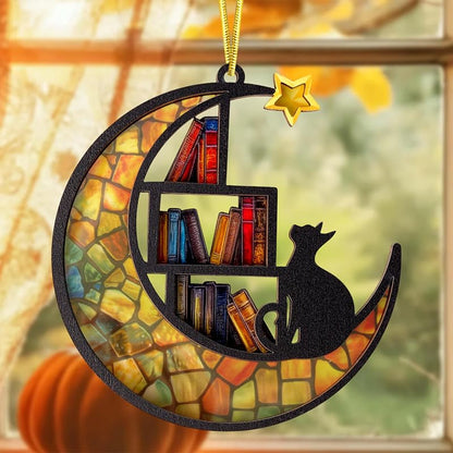 Moon Book Ornament – Stained-Glass Wood & Acrylic Cat & Book Holiday Decoration (Variation: Moon Book)