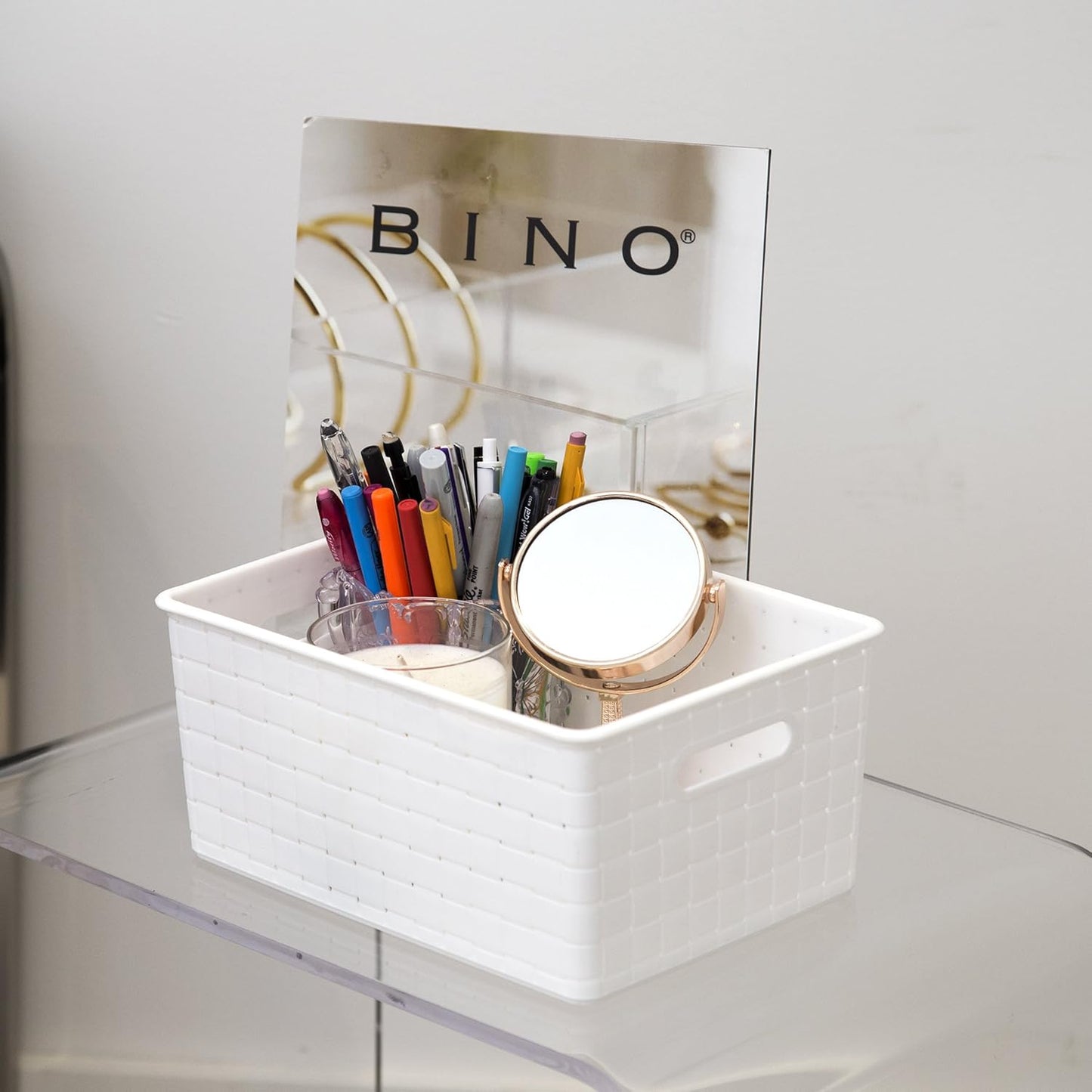 BINO Small White Plastic Baskets - 5 Pack Rectangular Organizers for Cabinets & Drawers