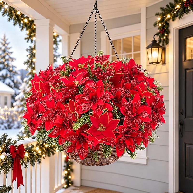 Artificial Velvet Poinsettia Hanging Baskets Outdoor 2-Pack - Red & Green
