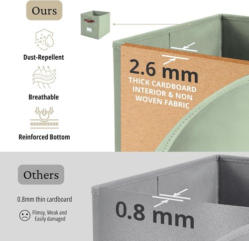 DECOMOMO Storage Bins - Fabric Cube Storage Bins with Labels | 10.5" x 11" | Set of 6, Sage Green