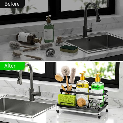 Cisily Large Black Kitchen Sponge Holder - Rustproof Sink Caddy with Drip Tray & Non-Slip Design