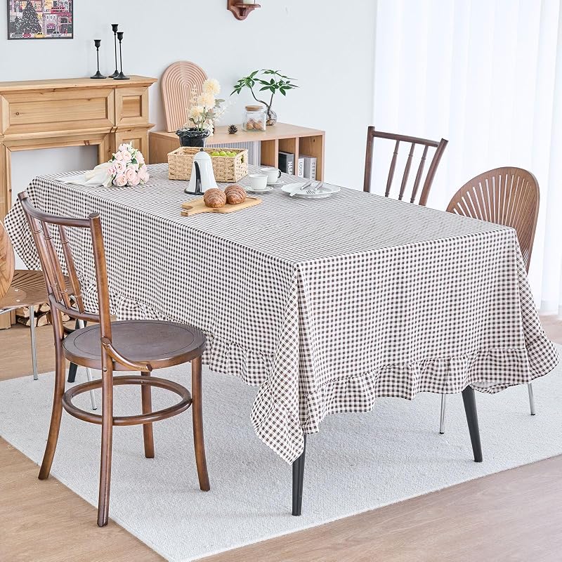 vctops Farmhouse Coffee Plaid Ruffle Tablecloth 55x94 in Cotton Linen, Rectangular