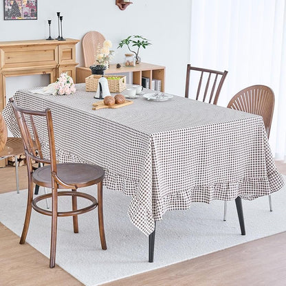 vctops Farmhouse Coffee Plaid Ruffle Tablecloth 55x94 in Cotton Linen, Rectangular