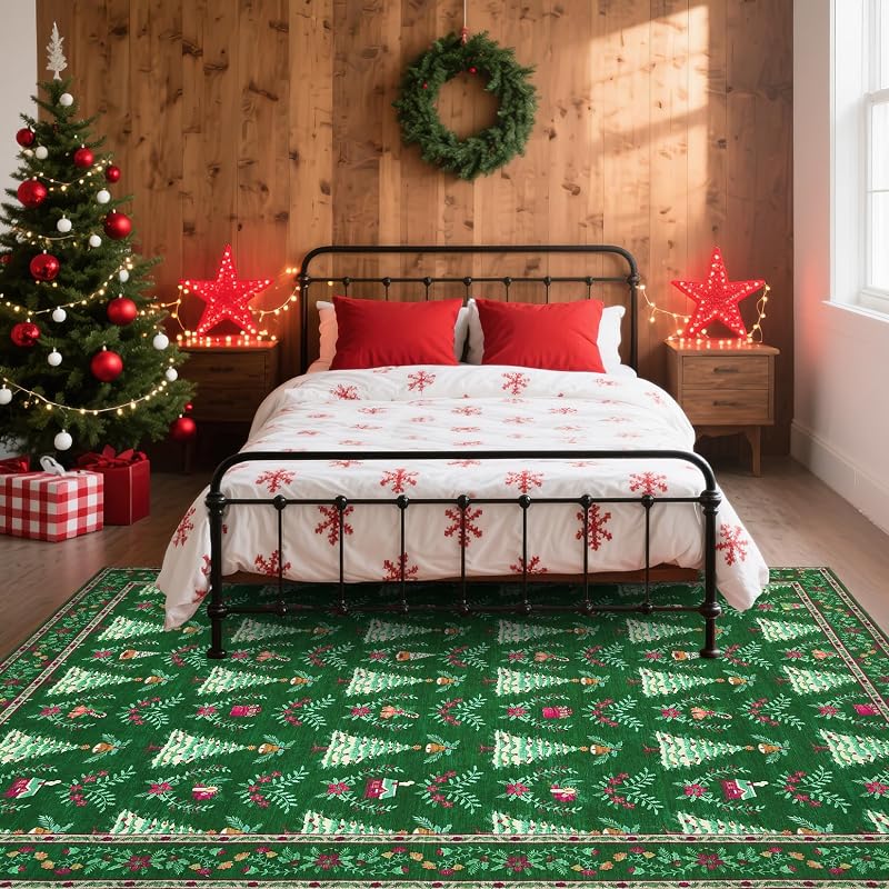 Green Christmas Tree & Floral Rug 8x10, Low-Pile Non-Slip Indoor Accent Rug