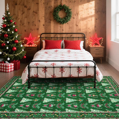 Green Christmas Tree & Floral Rug 8x10, Low-Pile Non-Slip Indoor Accent Rug