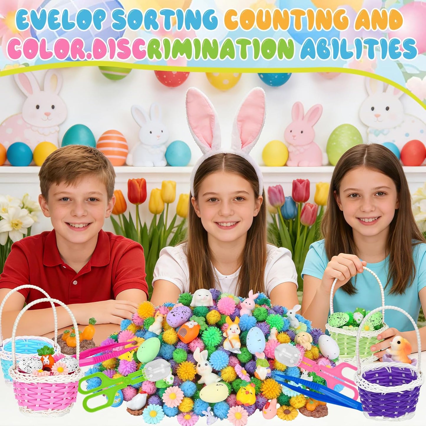 Skiennix Easter Sensory Bin Filler | 287 Pcs with Eggs, Bunnies, Felt Flowers & Pom Poms for Counting Fun