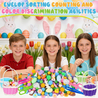 Skiennix Easter Sensory Bin Filler | 287 Pcs with Eggs, Bunnies, Felt Flowers & Pom Poms for Counting Fun