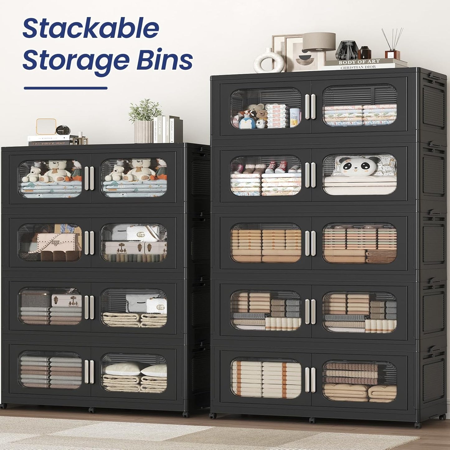 Skiennix 150 Gallon Extra Large Stackable Storage Bins - Collapsible with Lid & Wheels | 3-Pack Black