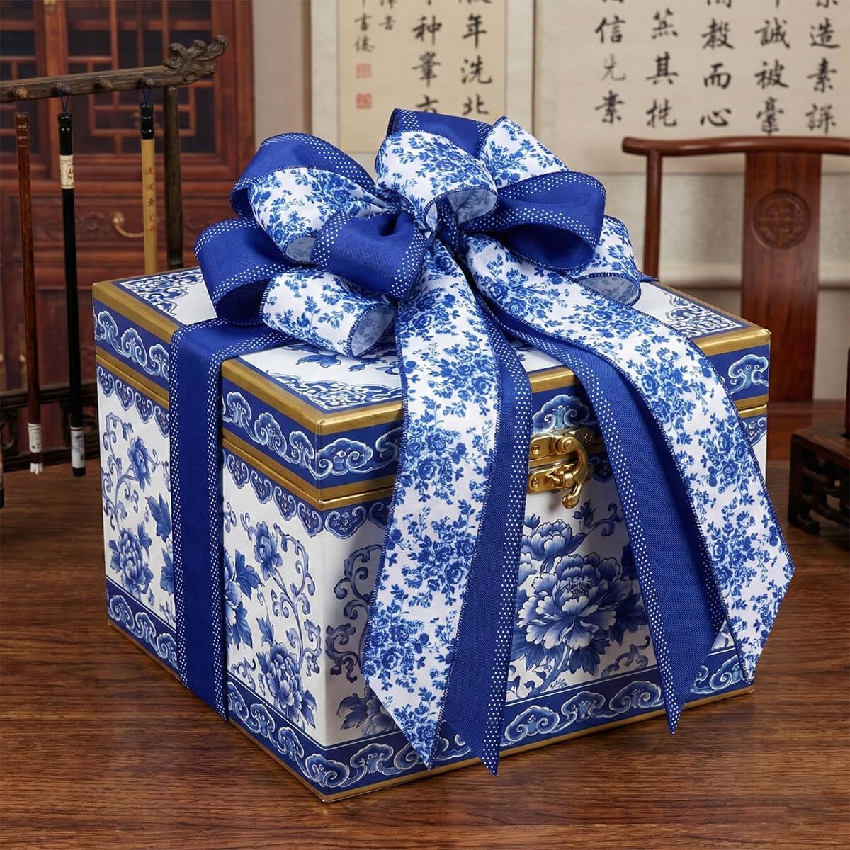 Chinoiserie Wreath Bow by Blue - 21-Inch Large Spring Floral Wired Ribbon for Front Door Decor