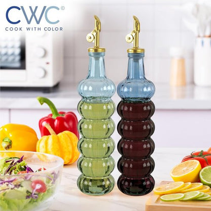COOK WITH COLOR Glass Olive Oil Bottle Dispenser - 17oz Elegant Waves Carafe - 2 Pack in Blue