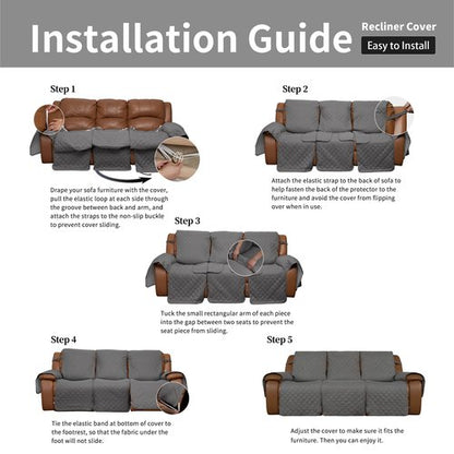 Easy-Going Recliner Sofa Cover, Reversible Couch Cover for 3 Seat Recliner, Split Sofa Cover for Each Seat, Furniture Protector with Elastic Straps for Dogs, Pets(3 Seater, Gray/Light Gray)