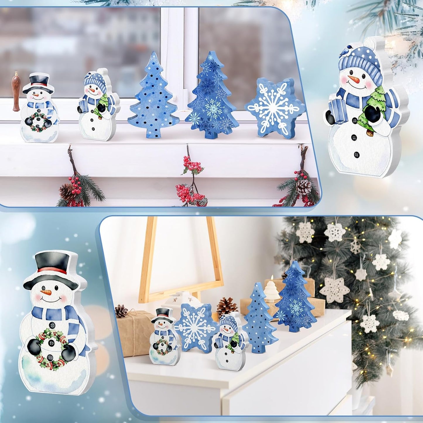 Threehoney Blue Winter Snowman Decor - 5 Pcs Cute Snowflake Table Centerpieces for Home & Office