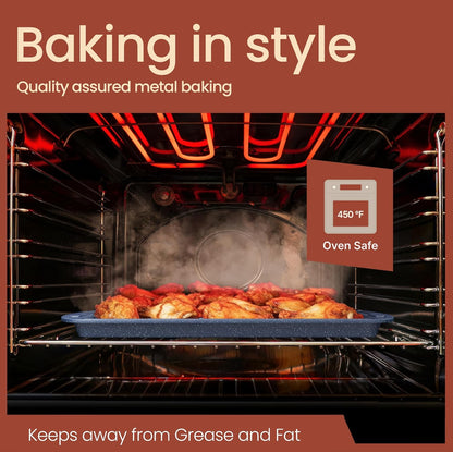 Skiennix Cookie Sheet Set - Nonstick Blue Marble Carbon Steel Pan & Cooling Rack | Oven Safe Up to 450°F, 17.4" Pan & 14.7" Rack