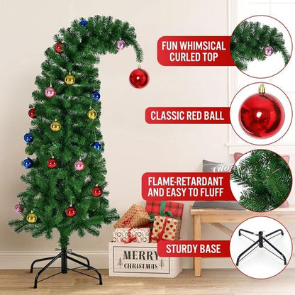 Hatisan 5FT Artificial Christmas Tree - Bent Green Design with Ball Ornaments & Metal Base | Holiday Decor