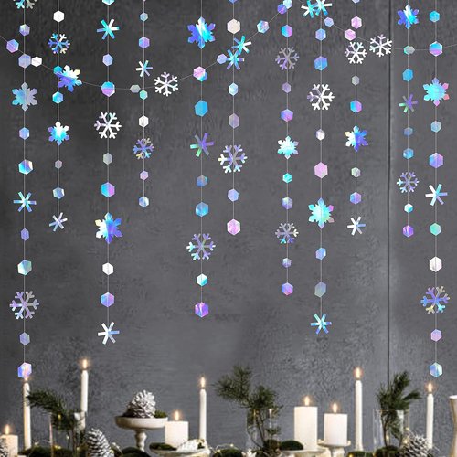 **Winter Wonderland Iridescent Snowflake Garland by [Brand Name] - 52Ft Holographic Party Decoration for Christmas & Events**