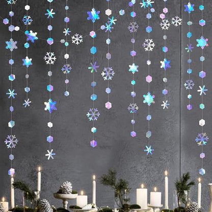 **Winter Wonderland Iridescent Snowflake Garland by [Brand Name] - 52Ft Holographic Party Decoration for Christmas & Events**
