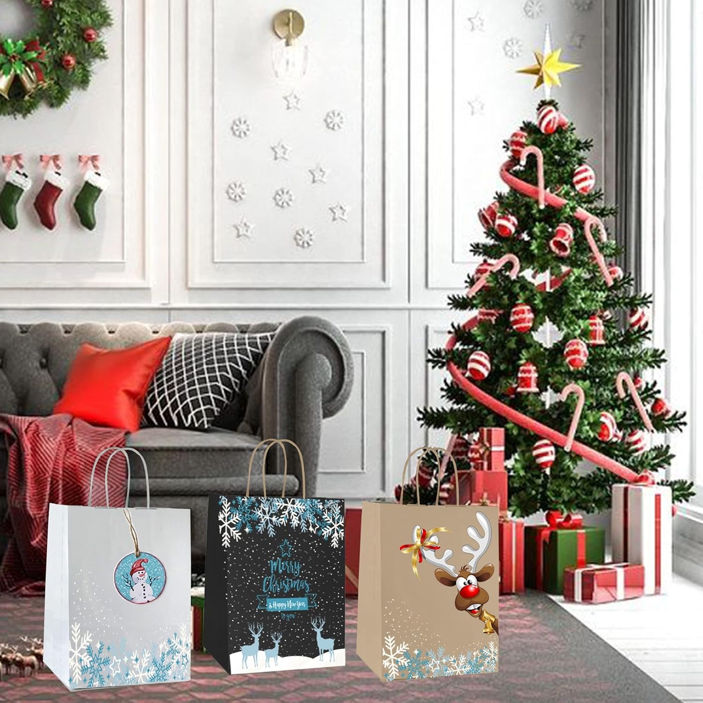 Qutuus White Paper Gift Bags with Handles Bulk 25 pcs 8x4.5x10 Medium White Paper Bags for Gifts, Valentines, Shopping, Retail