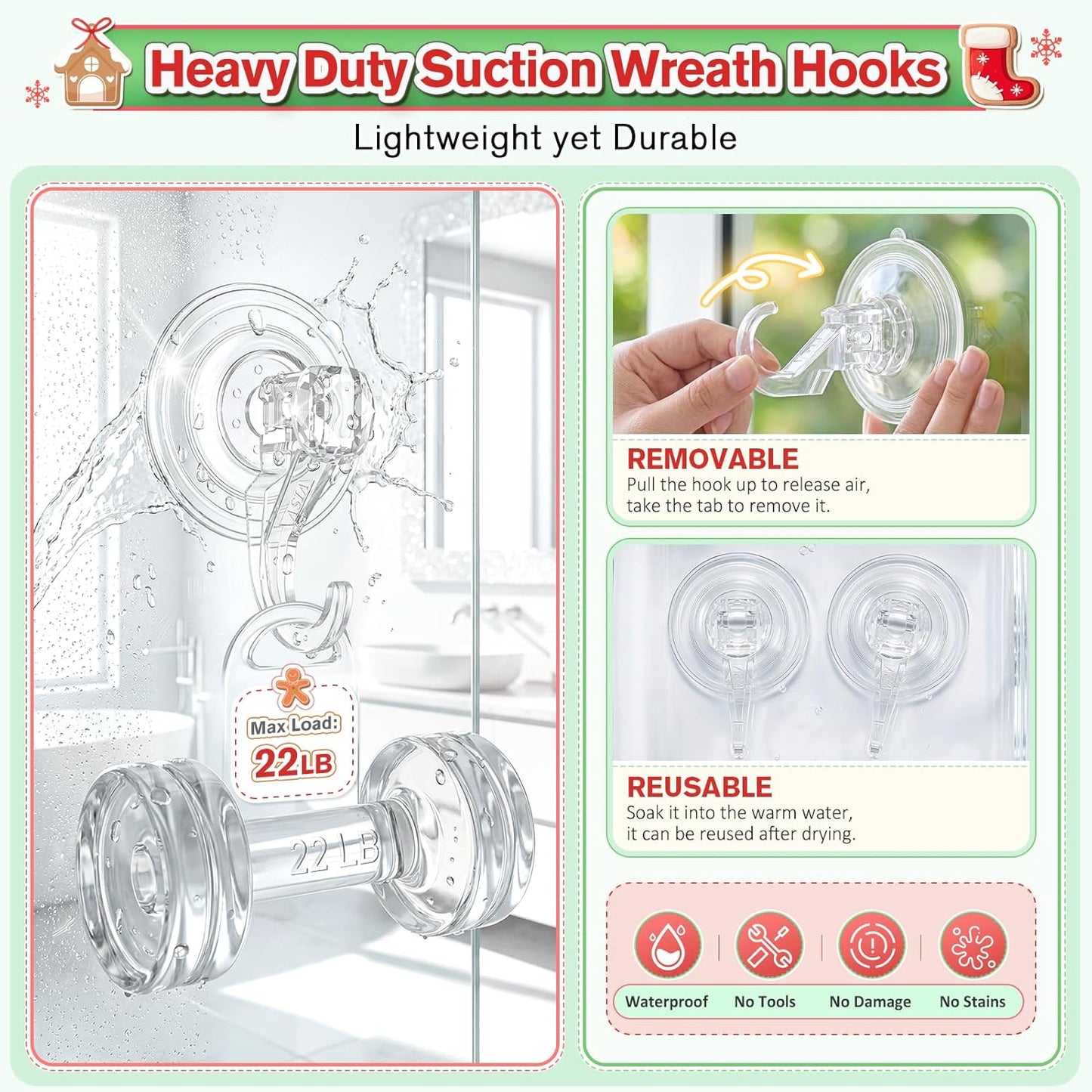 VIS'V Wreath Hanger - Heavy Duty Suction Cup Hooks | 22 LB Capacity, Clear, 2 Pack