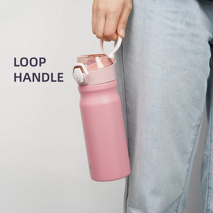 Skiennix Insulated Water Bottle - 18 oz Stainless Steel Flask with Straw & Carry Loop | Pink