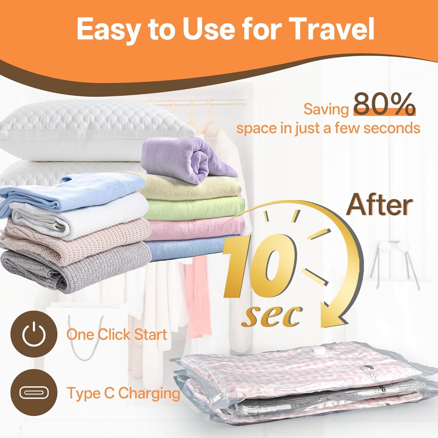 Skiennix Vacuum Storage Bags - 15 Pack with Rechargeable Cordless Pump for Travel & Home