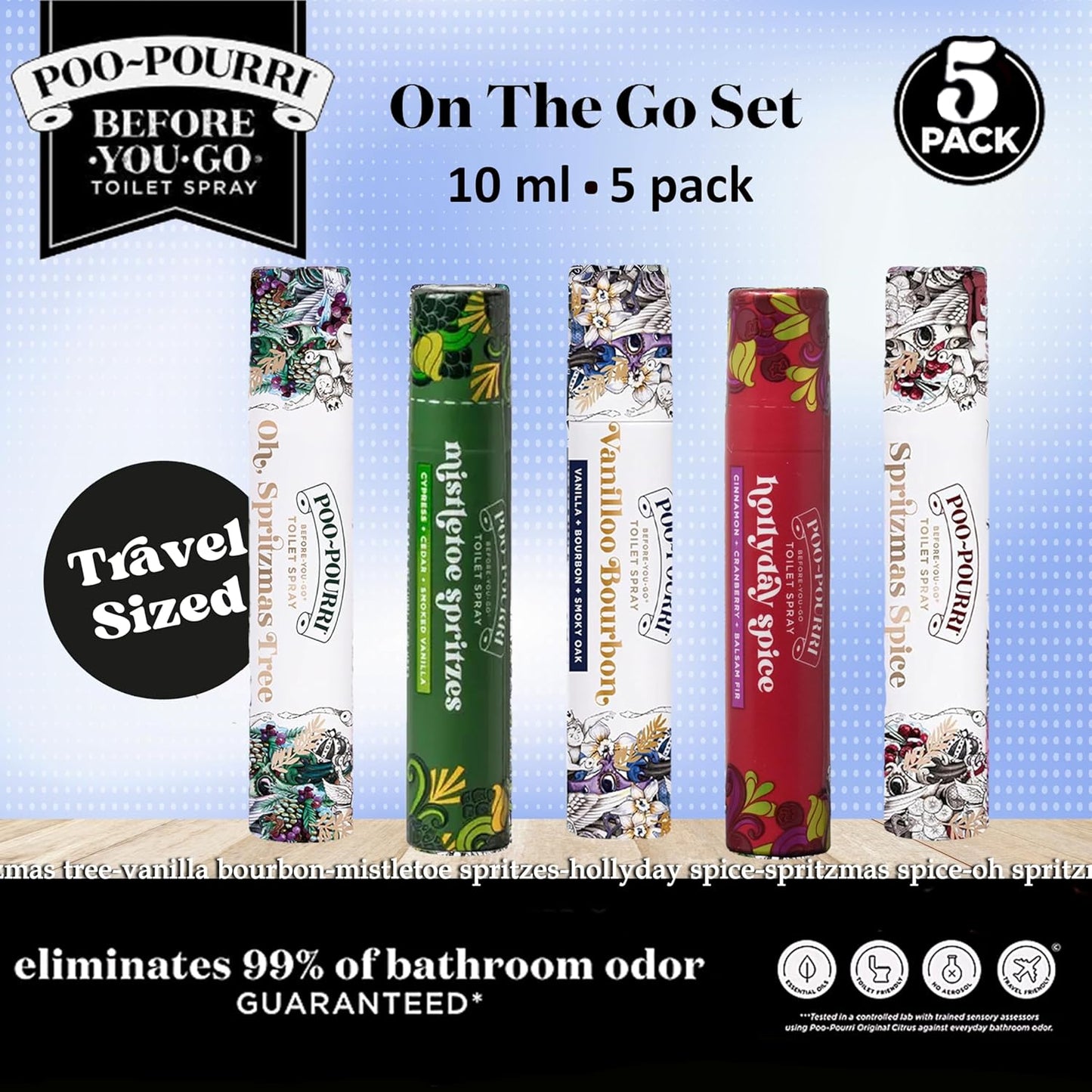 Poo-Pourri Travel Size Gift Set - 5 Pack Holiday Scents: Spritzmas Spice, Vanilla Bourbon & More | 10 mL Each