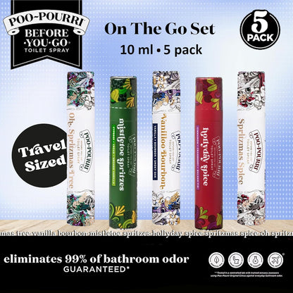 Poo-Pourri Travel Size Gift Set - 5 Pack Holiday Scents: Spritzmas Spice, Vanilla Bourbon & More | 10 mL Each