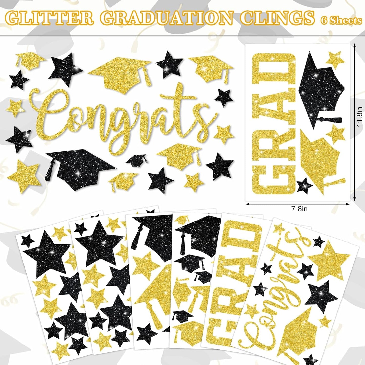 Whaline Glitter Graduation Window Clings - Double-Sided Black & Gold Grad Hat & Star Decor | 6 Sheets