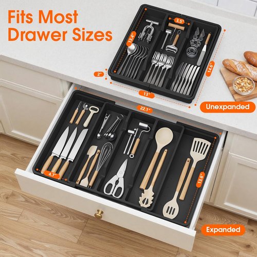 Large Silverware Organizer - Expandable Utensil Drawer Tray | BPA-Free Cutlery Storage in Black