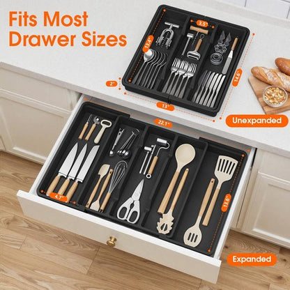 Large Silverware Organizer - Expandable Utensil Drawer Tray | BPA-Free Cutlery Storage in Black