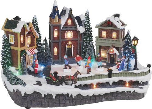 Large Animated Christmas Village Skating Town - Lighted Musical Snow Scene with 4 Moving Skaters