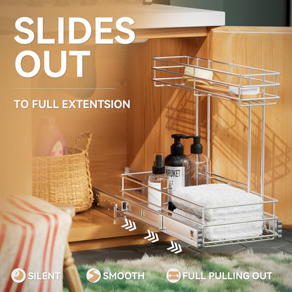 Under Sink Organizer - 2-Tier Pull-Out Cabinet Organizer | Chrome Plated, 9"W x 18.5"D for Kitchen & Bathroom